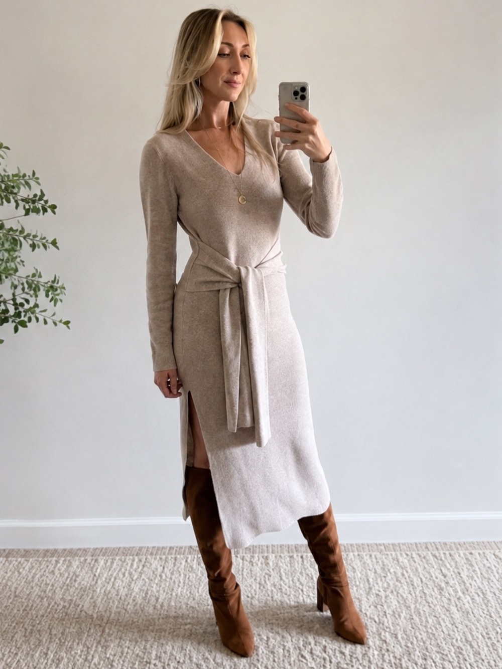 Toccin Wool Cashmere Tie Waist Knit Midi Dress Beige Small